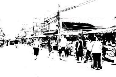 Şehir merkezinin Tayland 'ın siyah ve beyaz illüstrasyonlarındaki manzarası.