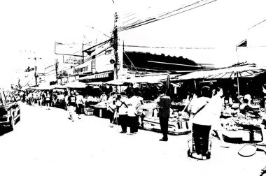 Şehir merkezinin Tayland 'ın siyah ve beyaz illüstrasyonlarındaki manzarası.