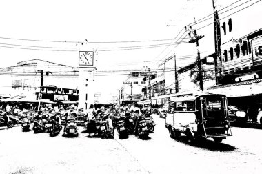 Şehir merkezinin Tayland 'ın siyah ve beyaz illüstrasyonlarındaki manzarası.