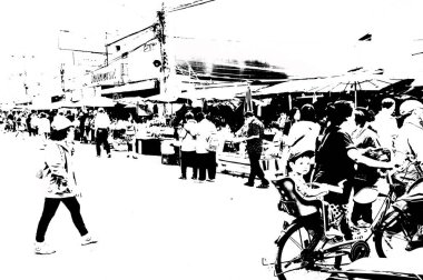 Şehir merkezinin Tayland 'ın siyah ve beyaz illüstrasyonlarındaki manzarası.