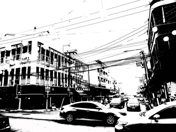 タイの省の都市中心部の風景黒と白のイラスト — ストック写真