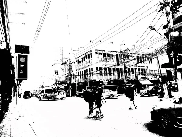 Paisaje Del Centro Ciudad Las Provincias Tailandia Ilustraciones Blanco Negro —  Fotos de Stock