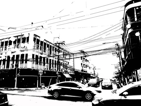 Paysage Centre Ville Dans Les Provinces Thaïlande Illustrations Noir Blanc — Photo