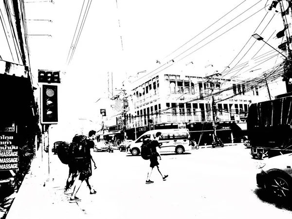 Paisaje Del Centro Ciudad Las Provincias Tailandia Ilustraciones Blanco Negro — Foto de Stock