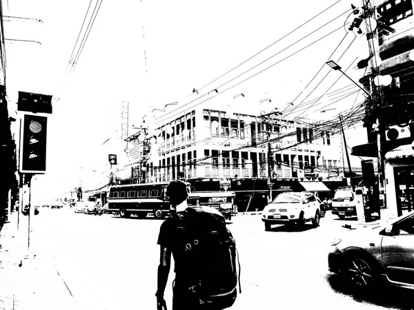 Tájkép Város Központjában Thaiföldön Fekete Fehér Illusztrációk — Stock Fotó