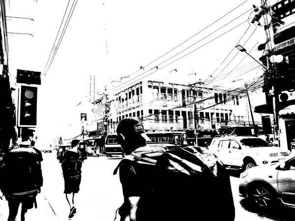 Paisagem Centro Cidade Nas Províncias Tailândia Ilustrações Preto Branco — Fotografia de Stock