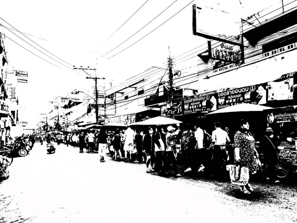 Şehir merkezinin Tayland 'ın siyah ve beyaz illüstrasyonlarındaki manzarası.
