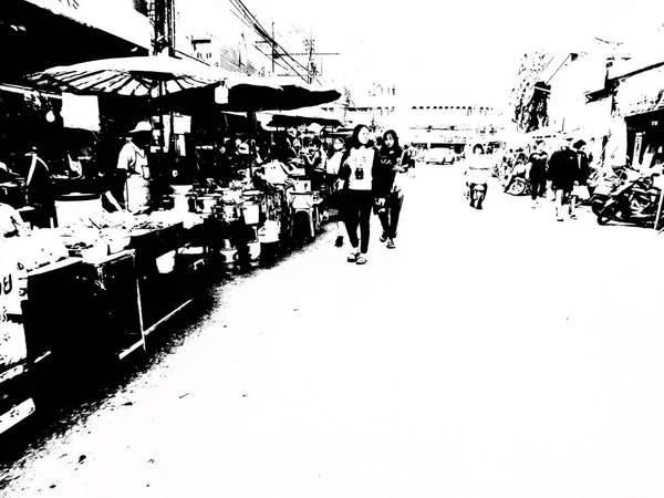 Landscape Fresh Market Heart City Provinces Thailand Black White Illustrations — Stock Photo, Image