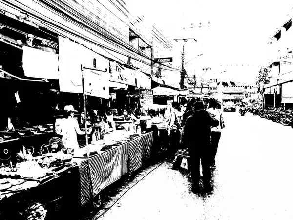 Paisagem Mercado Fresco Coração Cidade Nas Províncias Tailândia Ilustrações Preto — Fotografia de Stock