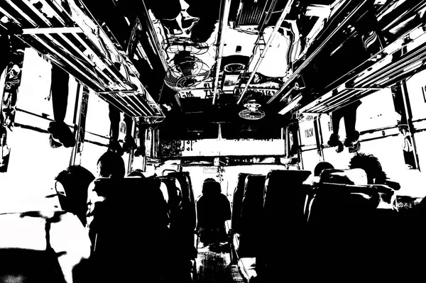 Velho Ônibus Passageiros Tailândia Ilustrações Preto Branco — Fotografia de Stock