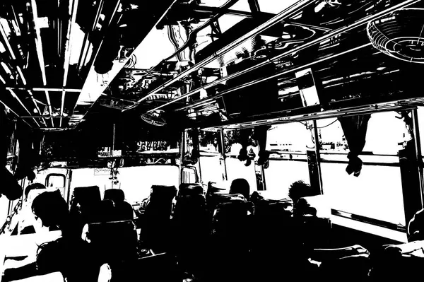 Velho Ônibus Passageiros Tailândia Ilustrações Preto Branco — Fotografia de Stock