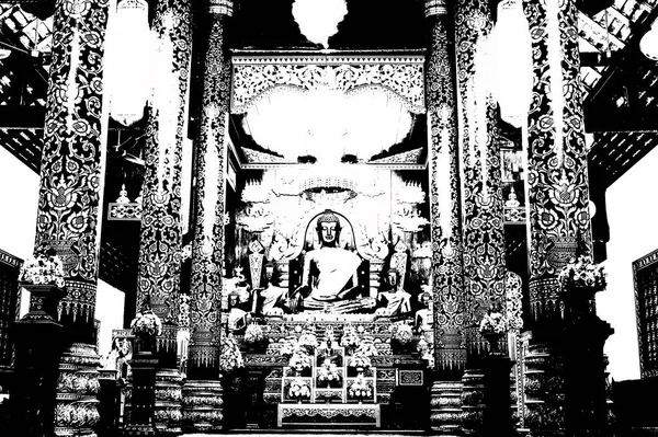 Paysage Des Temples Antiques Dans Nord Thaïlande Illustrations Noir Blanc — Photo