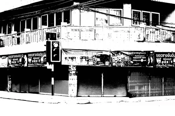 Şehir merkezinin Tayland 'ın siyah ve beyaz illüstrasyonlarındaki manzarası.