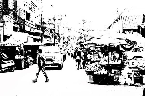 Paisaje Del Centro Ciudad Las Provincias Tailandia Ilustraciones Blanco Negro —  Fotos de Stock