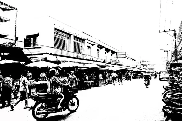 Paisagem Centro Cidade Nas Províncias Tailândia Ilustrações Preto Branco — Fotografia de Stock