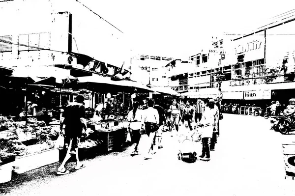 Şehir merkezinin Tayland 'ın siyah ve beyaz illüstrasyonlarındaki manzarası.