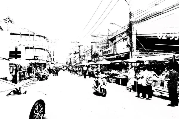 Paisagem Centro Cidade Nas Províncias Tailândia Ilustrações Preto Branco — Fotografia de Stock