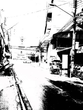 Şehir merkezinin Tayland 'ın siyah ve beyaz illüstrasyonlarındaki manzarası.