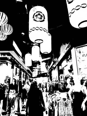 Japon stil mağazaları Illustrations bir empresyonist resim stili oluşturur.