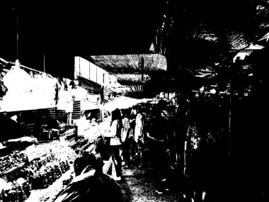 Tayland 'ın siyah ve beyaz illüstrasyonlarında şehrin göbeğinde yeni bir pazarın manzarası.