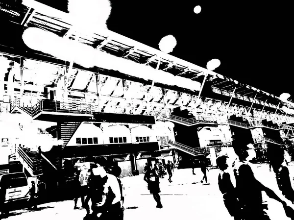 Stadyum binaları ve spor müsabakaları izleyicileri Illustrations, empresyonist bir resim tarzı yaratıyor..