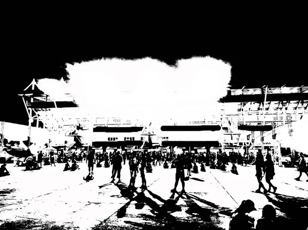 Stadyum binaları ve spor müsabakaları izleyicileri Illustrations, empresyonist bir resim tarzı yaratıyor..