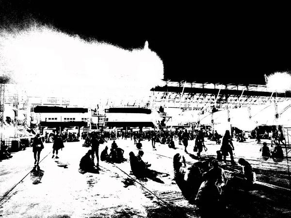 Stadyum binaları ve spor müsabakaları izleyicileri Illustrations, empresyonist bir resim tarzı yaratıyor..