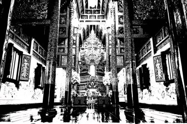 Kuzey Tayland 'daki antik tapınakların manzarası Siyah ve beyaz çizimler.