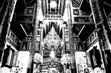 Kuzey Tayland 'daki antik tapınakların manzarası Siyah ve beyaz çizimler.