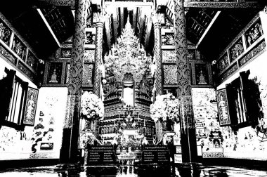 Kuzey Tayland 'daki antik tapınakların manzarası Siyah ve beyaz çizimler.