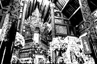 Kuzey Tayland 'daki antik tapınakların manzarası Siyah ve beyaz çizimler.