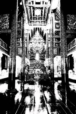 Kuzey Tayland 'daki antik tapınakların manzarası Siyah ve beyaz çizimler.