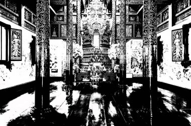 Kuzey Tayland 'daki antik tapınakların manzarası Siyah ve beyaz çizimler.