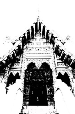 Kuzey Tayland 'daki antik tapınakların manzarası Siyah ve beyaz çizimler.