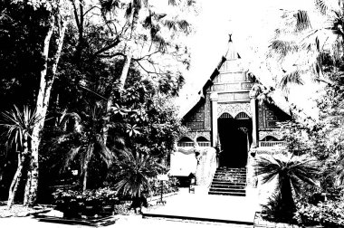 Kuzey Tayland 'daki antik tapınakların manzarası Siyah ve beyaz çizimler.