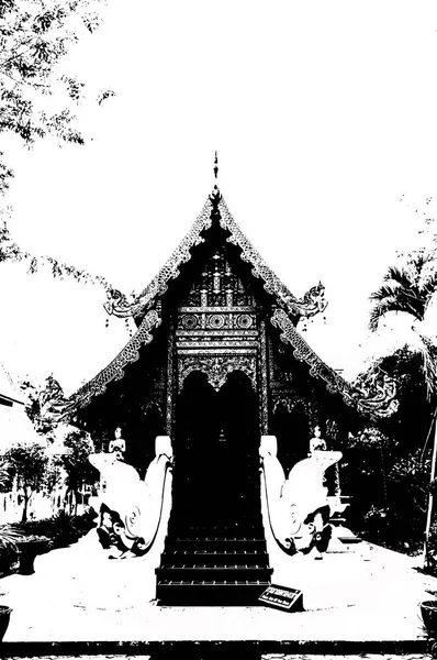 Paysage Des Temples Antiques Dans Nord Thaïlande Illustrations Noir Blanc — Photo