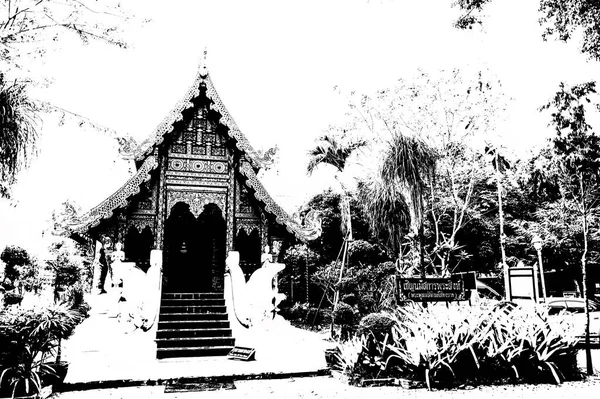 Kuzey Tayland Daki Antik Tapınakların Manzarası Siyah Beyaz Çizimler — Stok fotoğraf