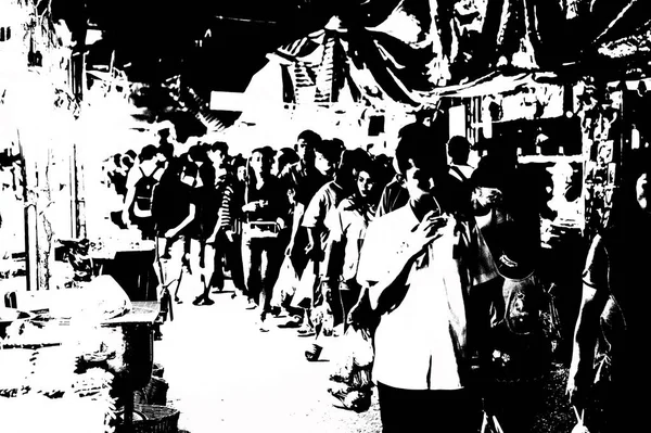 Пейзаж Свежего Рынка Центре Города Провинциях Таиланда Черно Белые Иллюстрации — стоковое фото