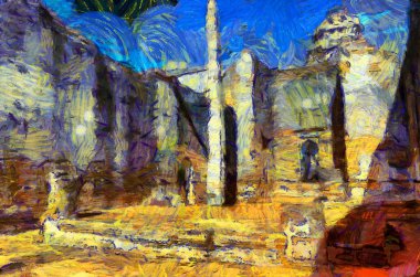 Antik Tayland mimari manzarası Illustrations bir empresyonist resim stili oluşturur.