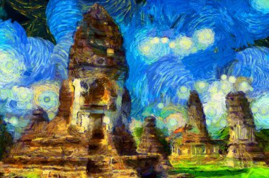 Antik Tayland mimari manzarası Illustrations bir empresyonist resim stili oluşturur.