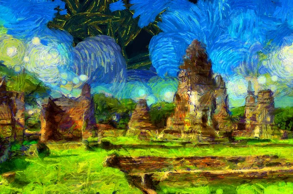 Стародавня Тайська Архітектура Пейзаж Ілюстрації Створюють Імпресіоністський Стиль Живопису — стокове фото