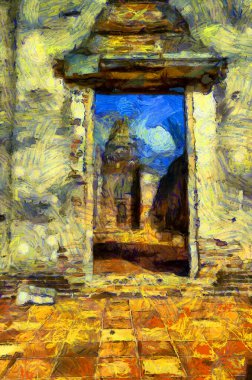 Antik Tayland mimari manzarası Illustrations bir empresyonist resim stili oluşturur.