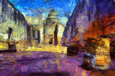 Antik Tayland mimari manzarası Illustrations bir empresyonist resim stili oluşturur.