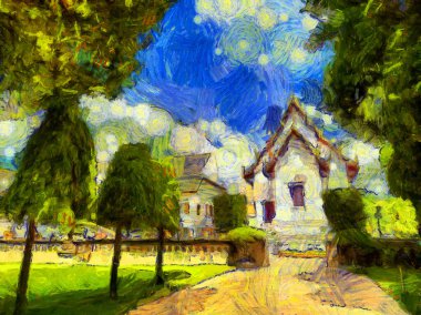 Antik Tayland mimari manzarası Illustrations bir empresyonist resim stili oluşturur.