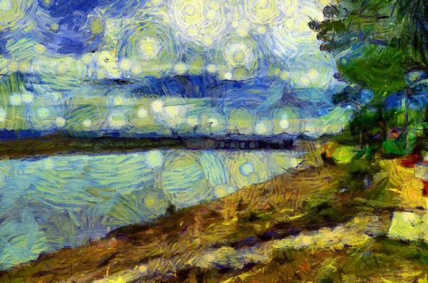 Пейзаж Річки Ілюстрації Створюють Імпресіоністський Стиль Живопису — стокове фото