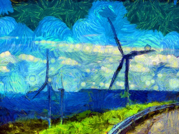 Paisagem Das Turbinas Geradoras Eletricidade Ilustrações Cria Estilo Impressionista Pintura — Fotografia de Stock