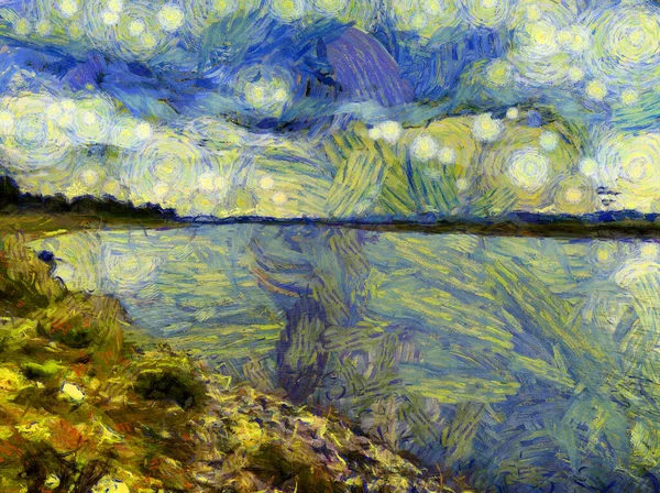 Krajobraz Rzeki Ilustracje Tworzy Impresjonistyczny Styl Malarstwa — Zdjęcie stockowe