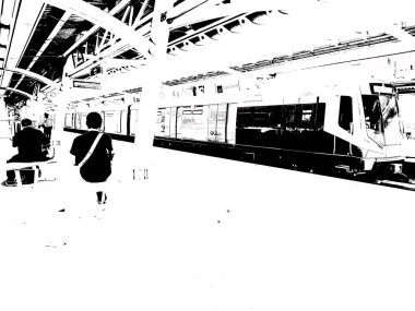 Metro İstasyonu ve Şehir Yolcuları Siyah ve Beyaz Çizimler.