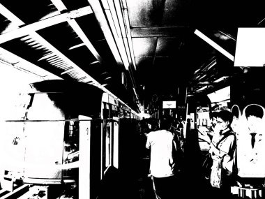 Metro İstasyonu ve Şehir Yolcuları Siyah ve Beyaz Çizimler.