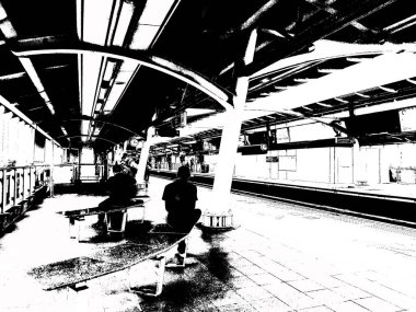 Metro İstasyonu ve Şehir Yolcuları Siyah ve Beyaz Çizimler.